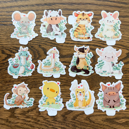 Zodiac Animal Stickers - Rat, Cow, Tiger, Rabbit, Dragon, Snake, Horse, Sheep, Monkey, Chicken, Dog, Pig - Die Cut