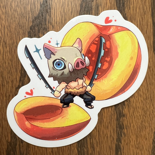 DS KNY Anime Chibi Inosuke Peach Fruit Slayer Stickers - Die Cut