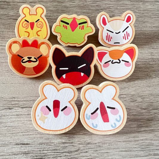 Cheeky Character Wood Pins - Snellie Snail, Ribbert Frog, Hamry Hamster, Koma Bear, Meowy Cat, Purrscilla Cat, Crumb Bunny Rabbit, Dough Bunny Rabbit
