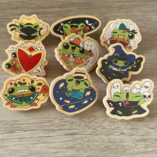 RPG Frogs Wood Pins - Ninja, Rogue, Assassin, Bard, Musician, Archer, Bowman, Tank, Barbarian, Warrior, Mage, Wizard, Druid, Fisherman, Necromancer