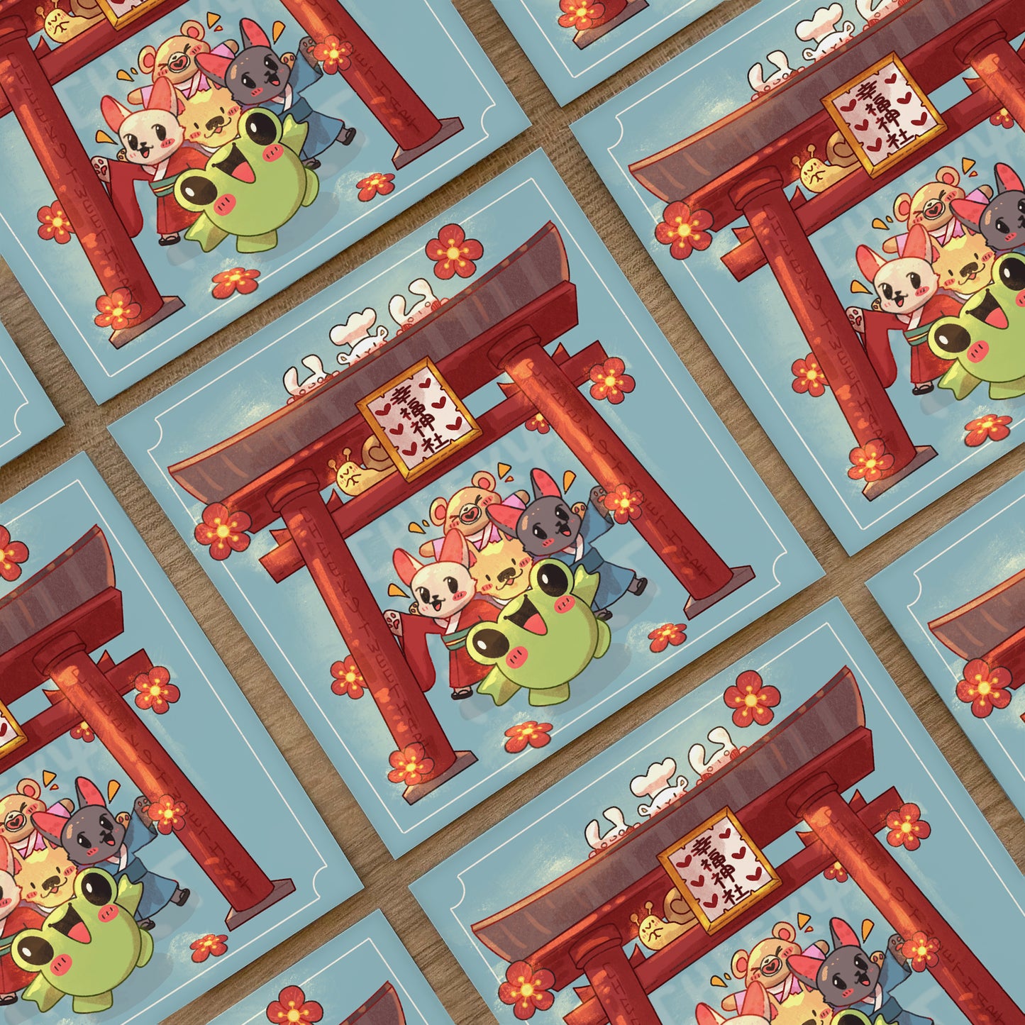 Shrine Visit Ribbert Frog Hamry Hamster Meowy Cat Purrscilla Cat Koma Bear Princess Dog Crumb Dough Bunny Rabbit Snellie Snail Animal Art Prints #AP142