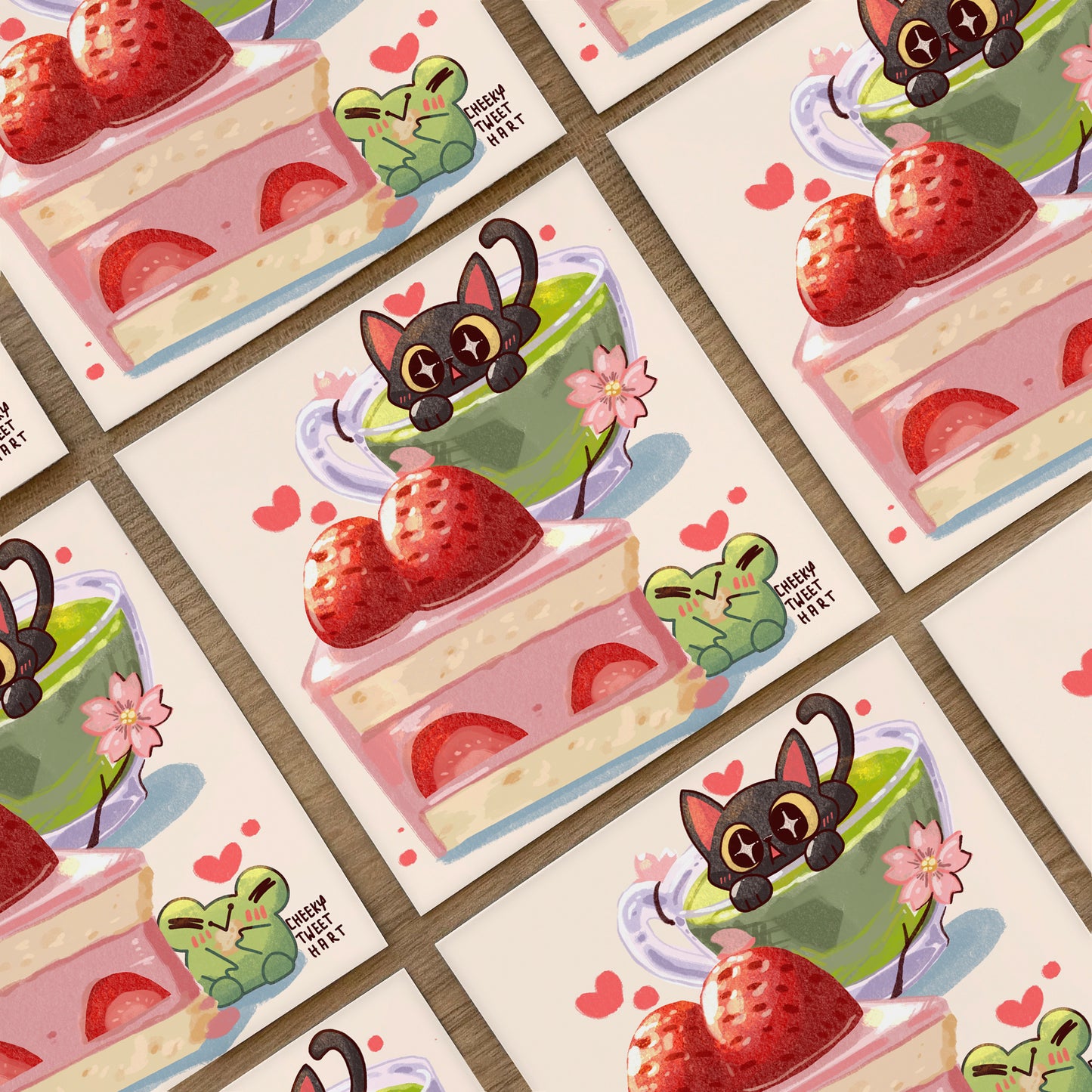 Strawberry Cake Tea Party Ribbert Frog Purrscilla Cat Food Art Prints #AP085