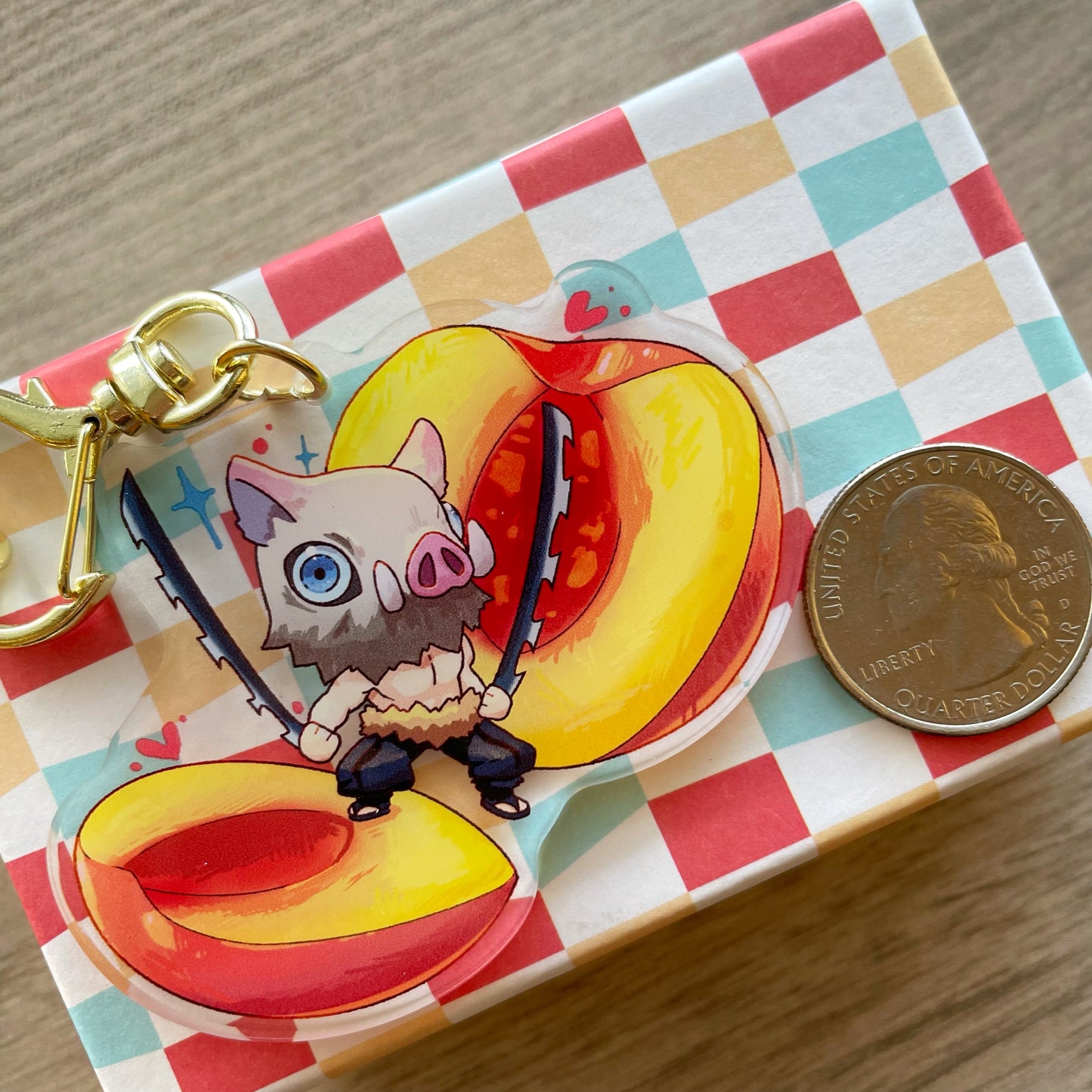 DS KNY Anime Chibi Inosuke Peach Fruit Slayer Acrylic Charm Keychain Accessory #AC006