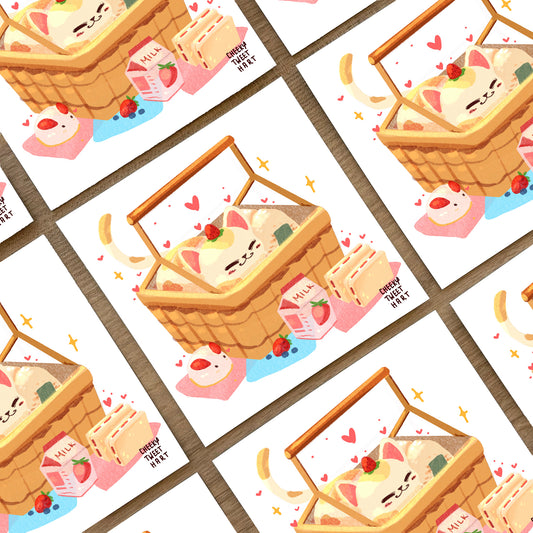 Strawberry Cat Picnic Meowy Cat Food Art Prints #AP119