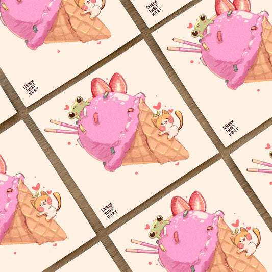 Strawberry Ice Cream Ribbert Frog Meowy Cat Art Prints #AP123