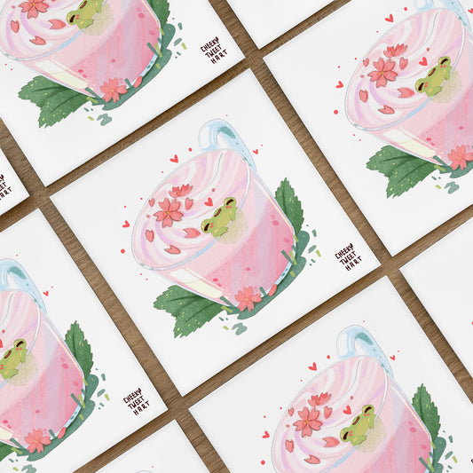 Sakura Latte Ribbert Frog Japanese Food Art Prints #AP040