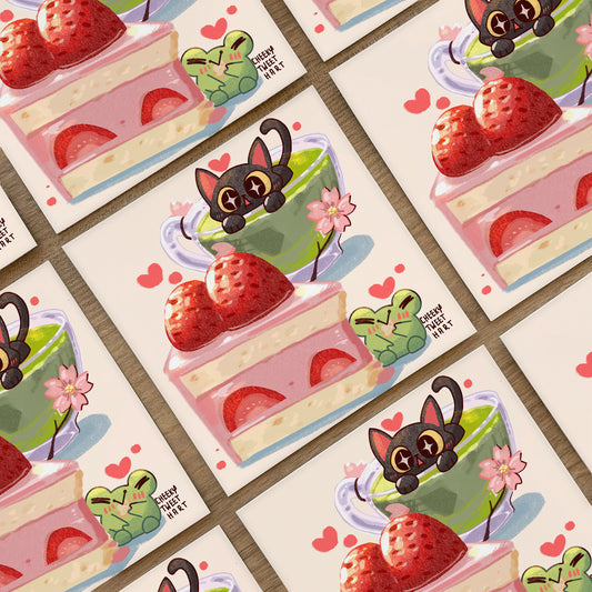 Strawberry Cake Tea Party Ribbert Frog Purrscilla Cat Food Art Prints #AP085