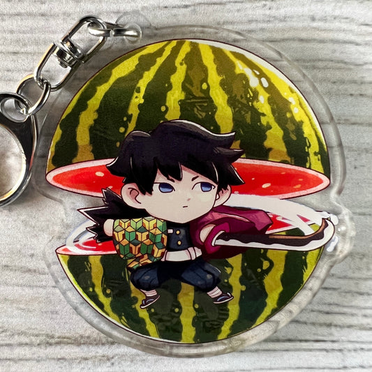 DS KNY Anime Chibi Gichan Watermelon Fruit Slayer Acrylic Charm Keychain Accessory - Tomioka #AC034