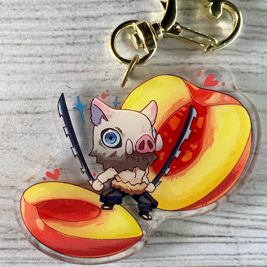 DS KNY Anime Chibi Inosuke Peach Fruit Slayer Acrylic Charm Keychain Accessory #AC006